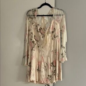 SHEIN Cream Floral Satin Chemise with Sheer Robe - Pink & Green